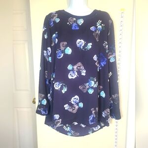 Floral Long Sleeve Women's‎ Top- NAVY BLUE FLORAL BLOUSE
